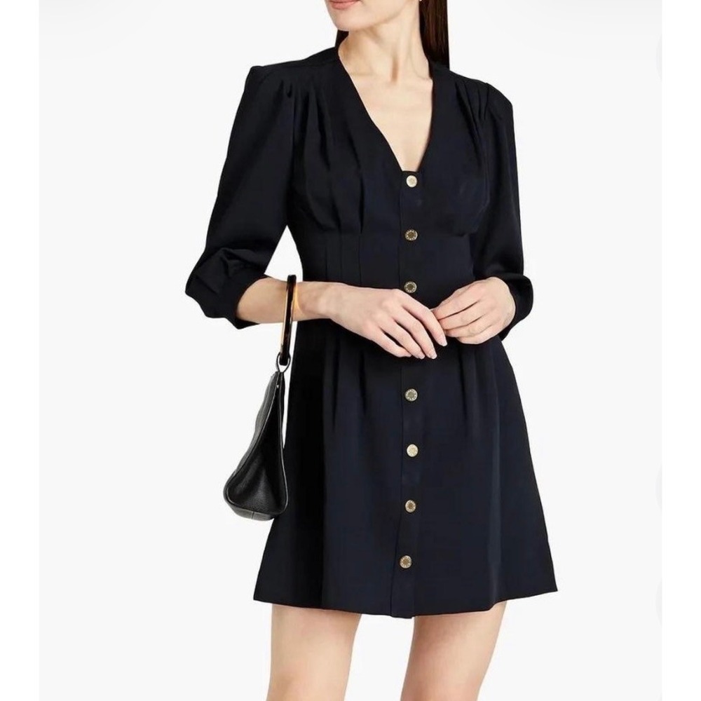 Sandro Paris Aurore Navy Blue Pleated V-Neck Button Front Mini Dress Size‎ 44